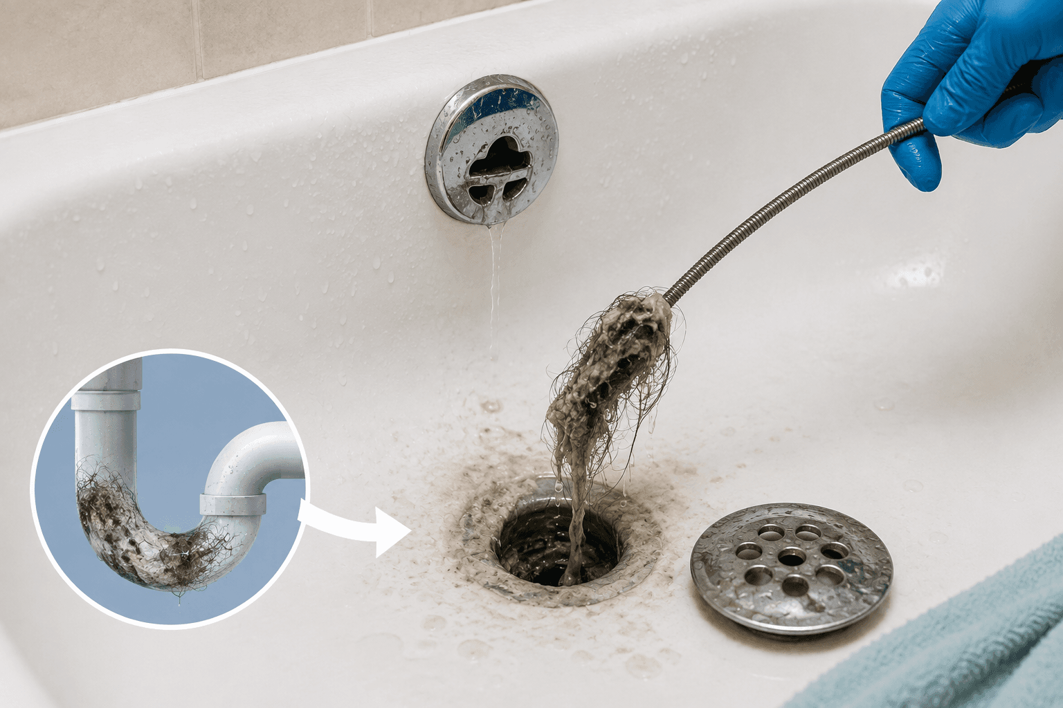 Amas de cheveux retiré d'une bonde de baignoire à l'aide d'un furet